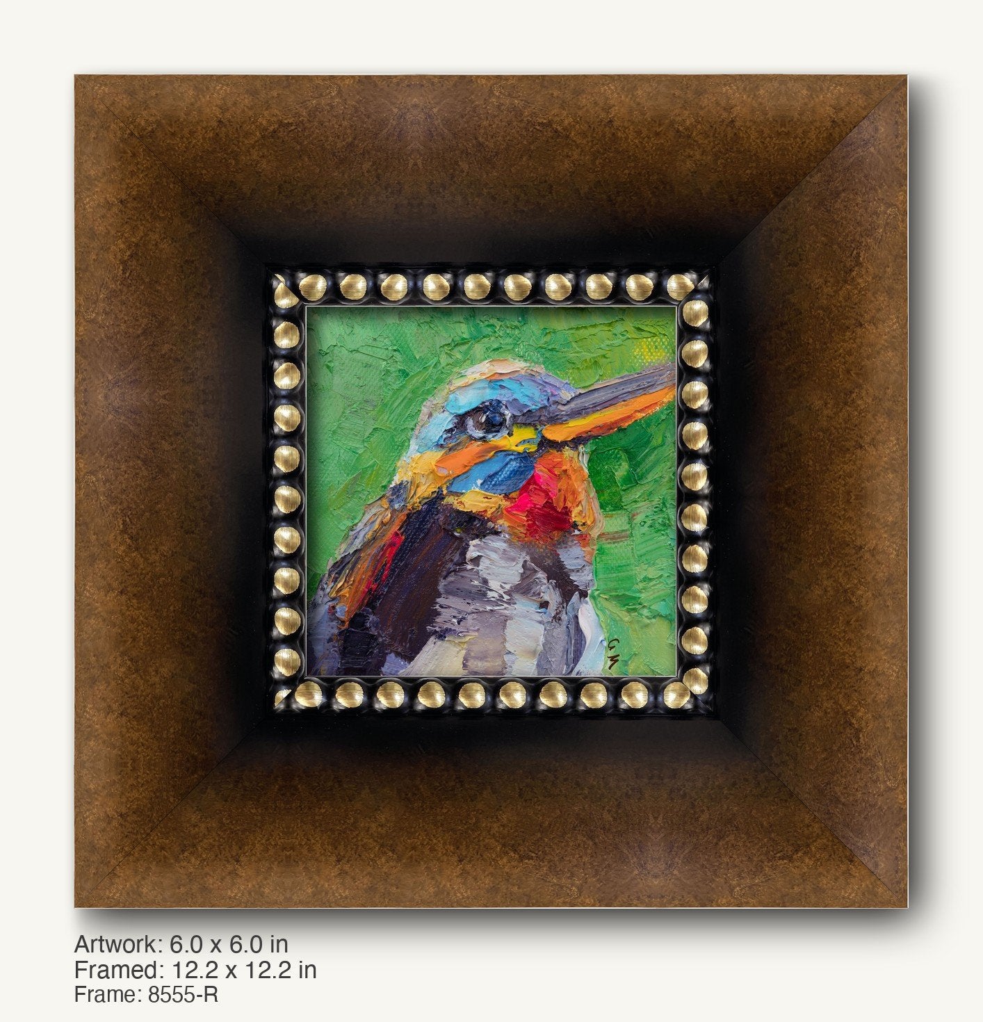 Expressive oil painting of a colorful bird in a dark wood frame with gold beaded trim, showcasing vibrant greens, blues, and reds on canvas