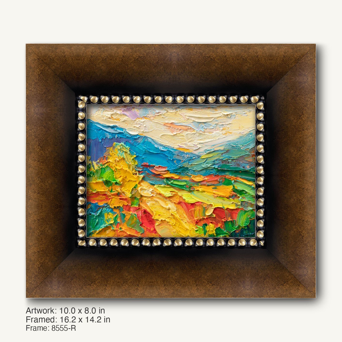 Vibrant abstract landscape painting in rich oil impasto style, framed in dark wood with ornate gold bead detailing, showcasing bold blues, yellows, and greens against a textured sky