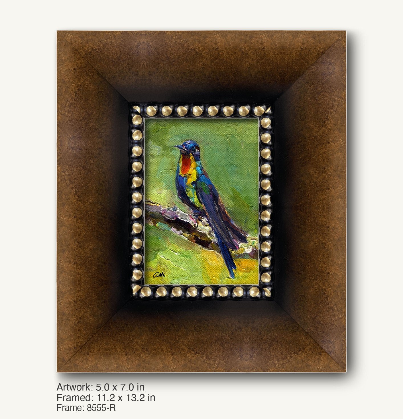 Vibrant abstract bird portrait in oil on canvas, framed in a dark wood frame with gold beaded inner border, showcasing bold blues, greens, and yellows against a textured background.