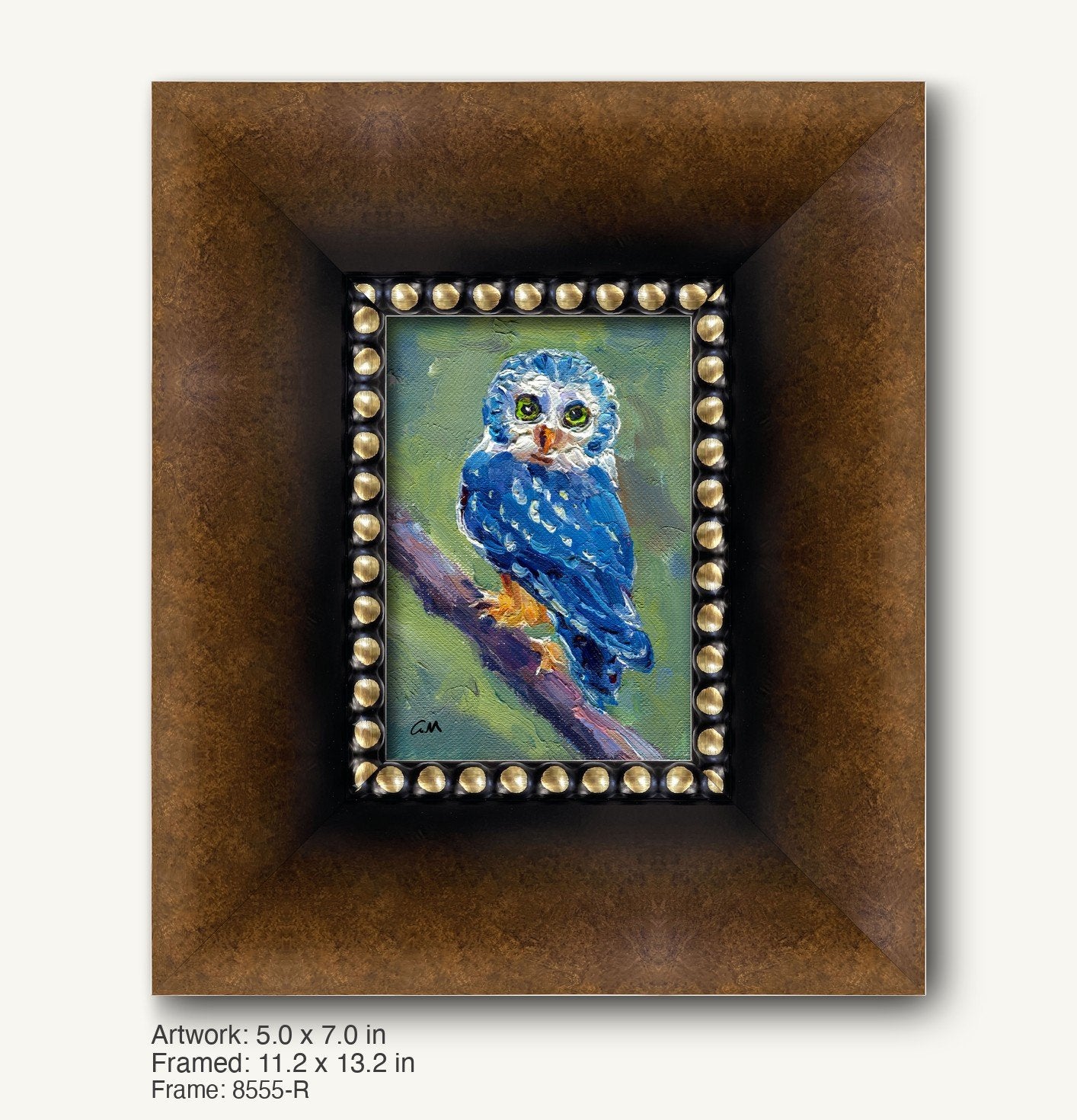 Textured blue owl portrait by George Miller in a dark wood frame with gold bead detailing, vertical composition on canvas