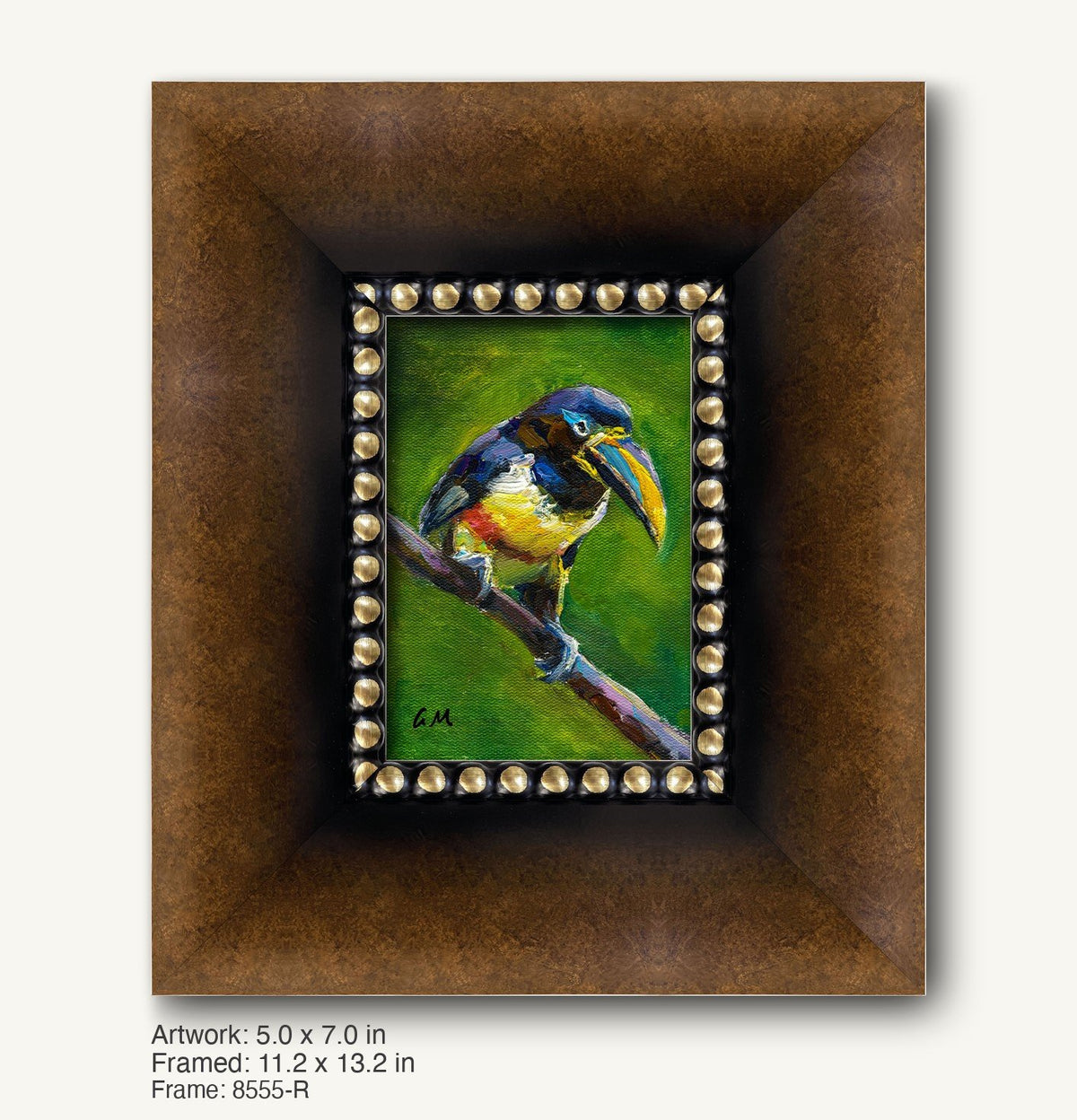 Hand-painted toucan portrait in a dark wood frame with gold beaded inner border, showcasing vibrant colors and textured oil painting on canvas