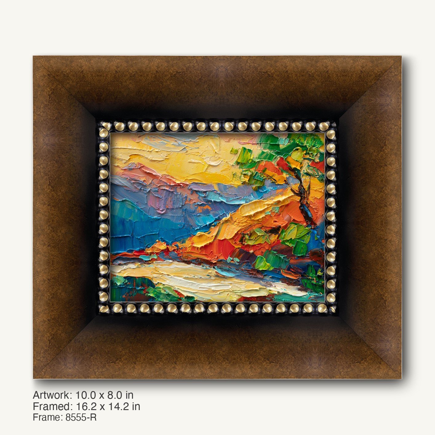 Expressive landscape oil painting by George Miller in a dark wood frame with gold bead detailing, showcasing vibrant colors and textured brushwork on canvas