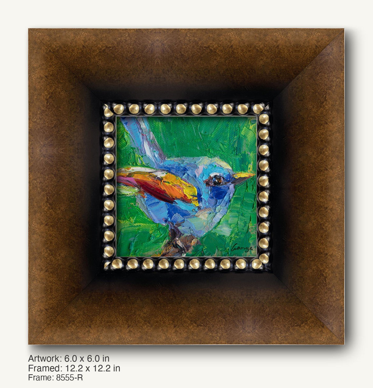 Vibrant abstract bird painting in a dark wood frame with gold beaded trim, showcasing bold blue, green, and yellow hues on canvas