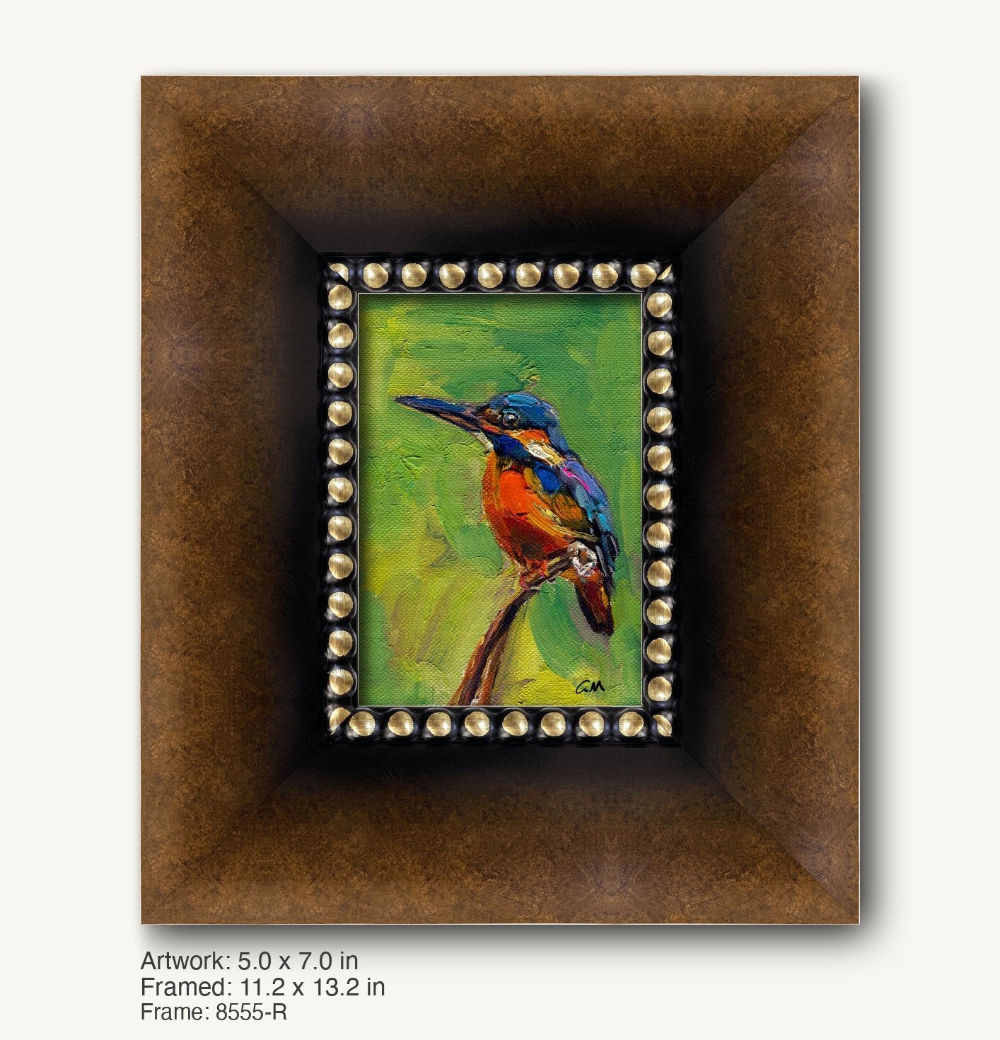 Hand-painted kingfisher bird in vibrant blue, red, and green hues on canvas, set within a dark wood frame with ornate gold bead detailing, vertical composition