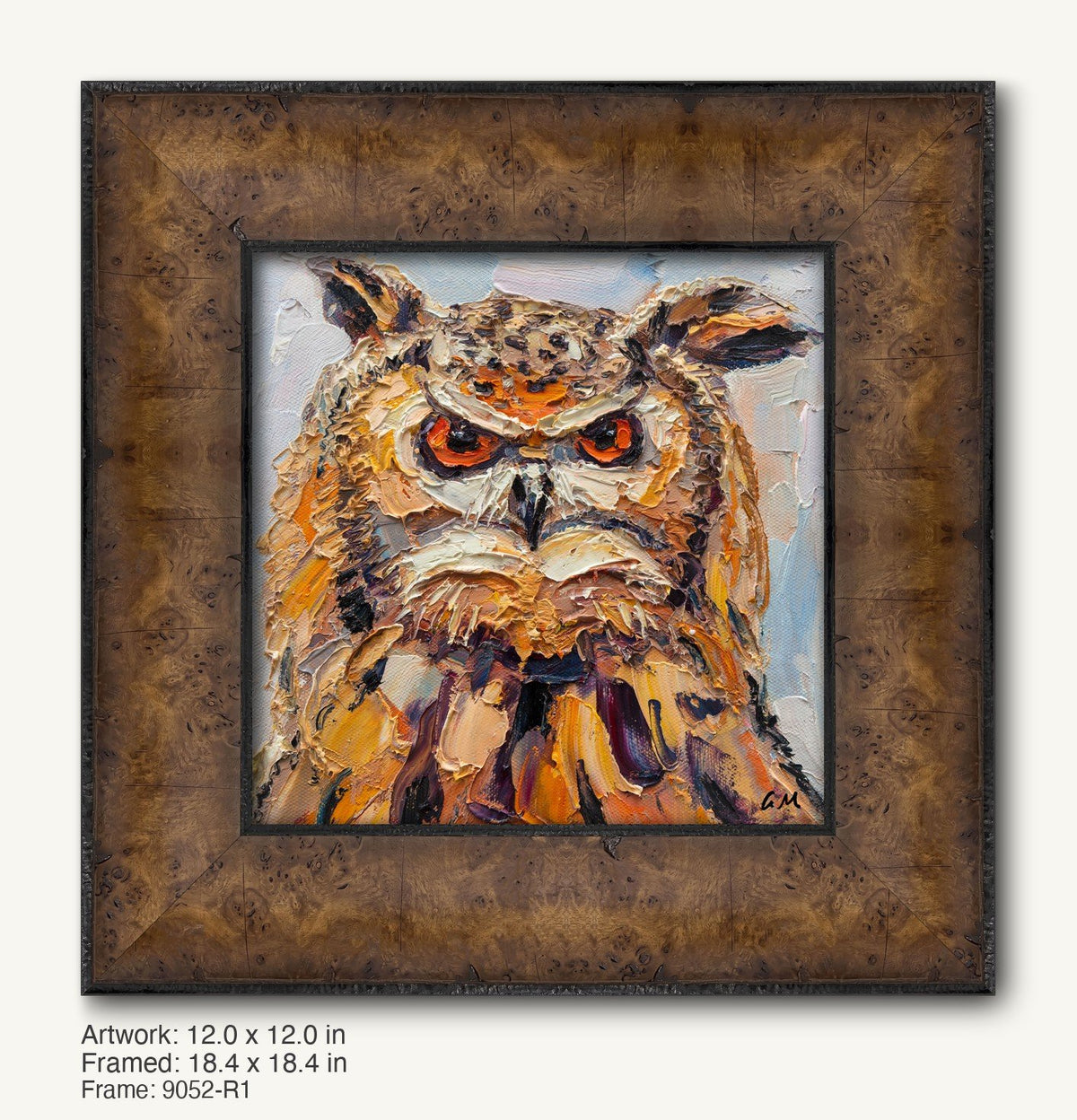 Expressive oil painting of an owl with thick impasto texture, framed in a rustic dark wood frame with ornate detailing and warm tones.