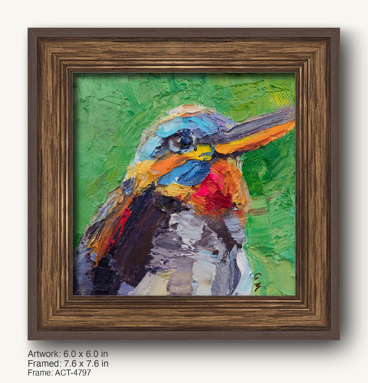 Expressive oil painting of a colorful bird on canvas, framed in dark wood with a classic profile, showcasing vibrant greens, blues, and reds against a textured background.