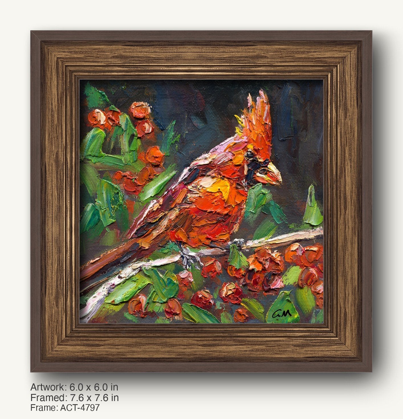 Vibrant oil painting of a cardinal bird perched on a branch with red berries and green leaves, framed in a dark wood frame with a classic profile and textured finish.