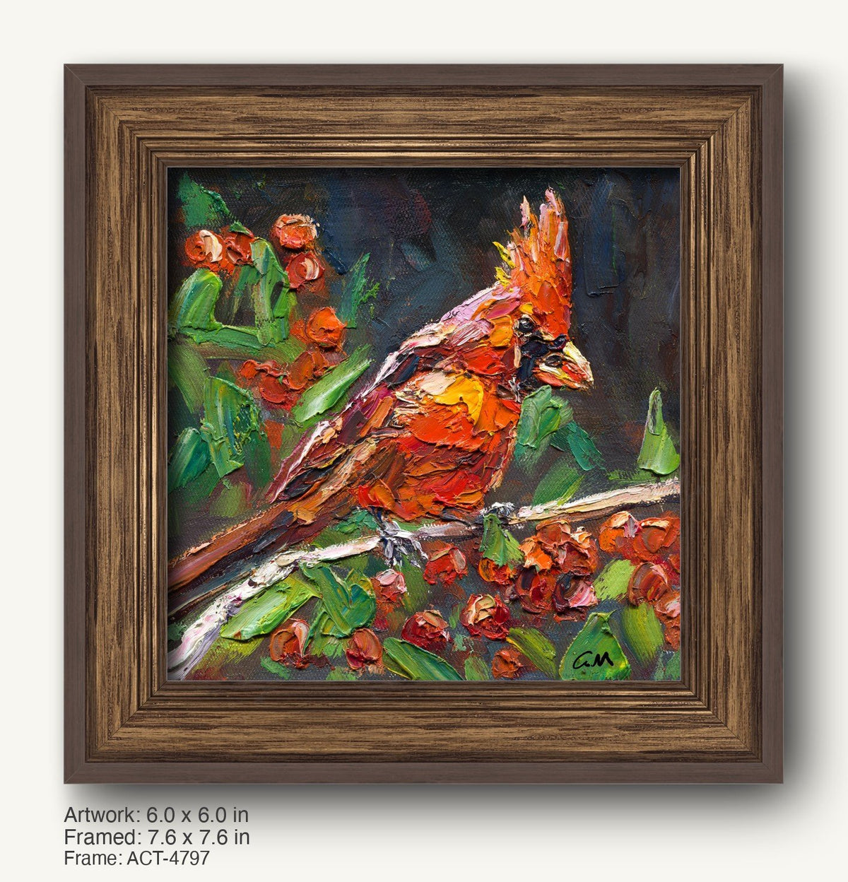 Vibrant oil painting of a cardinal bird perched on a branch with red berries and green leaves, framed in a dark wood frame with a classic profile and textured finish.
