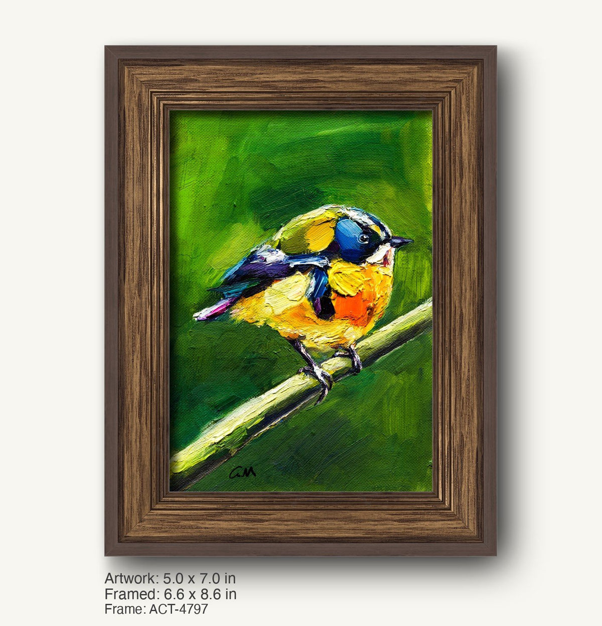 Hand-painted bird artwork in dark wood frame, featuring a vibrant yellow and blue bird perched on a branch against a green background, signed by artist