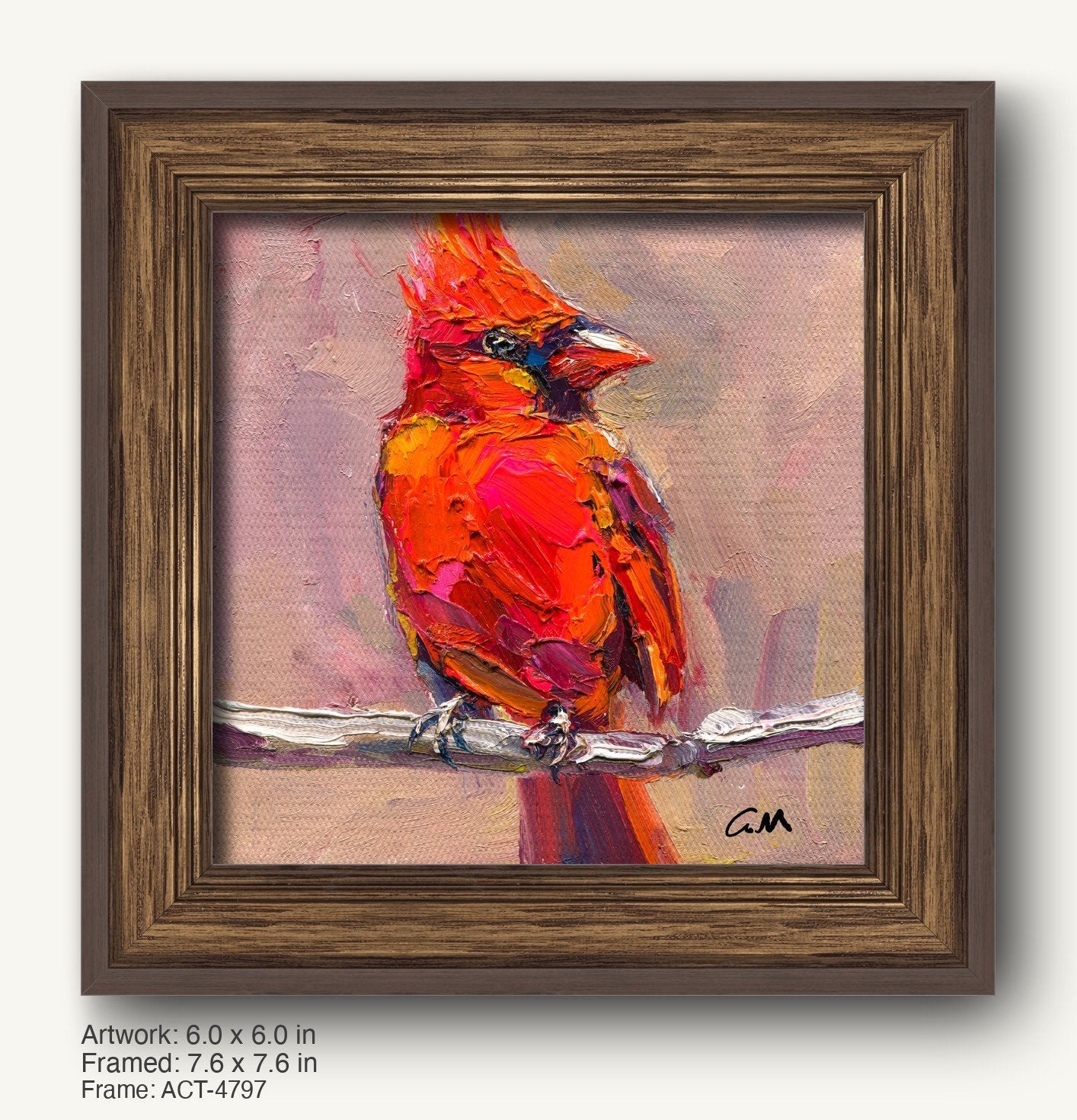 Vibrant oil painting of a cardinal bird in warm reds and oranges, perched on a branch, displayed in a dark wood frame with classic profile and textured finish.
