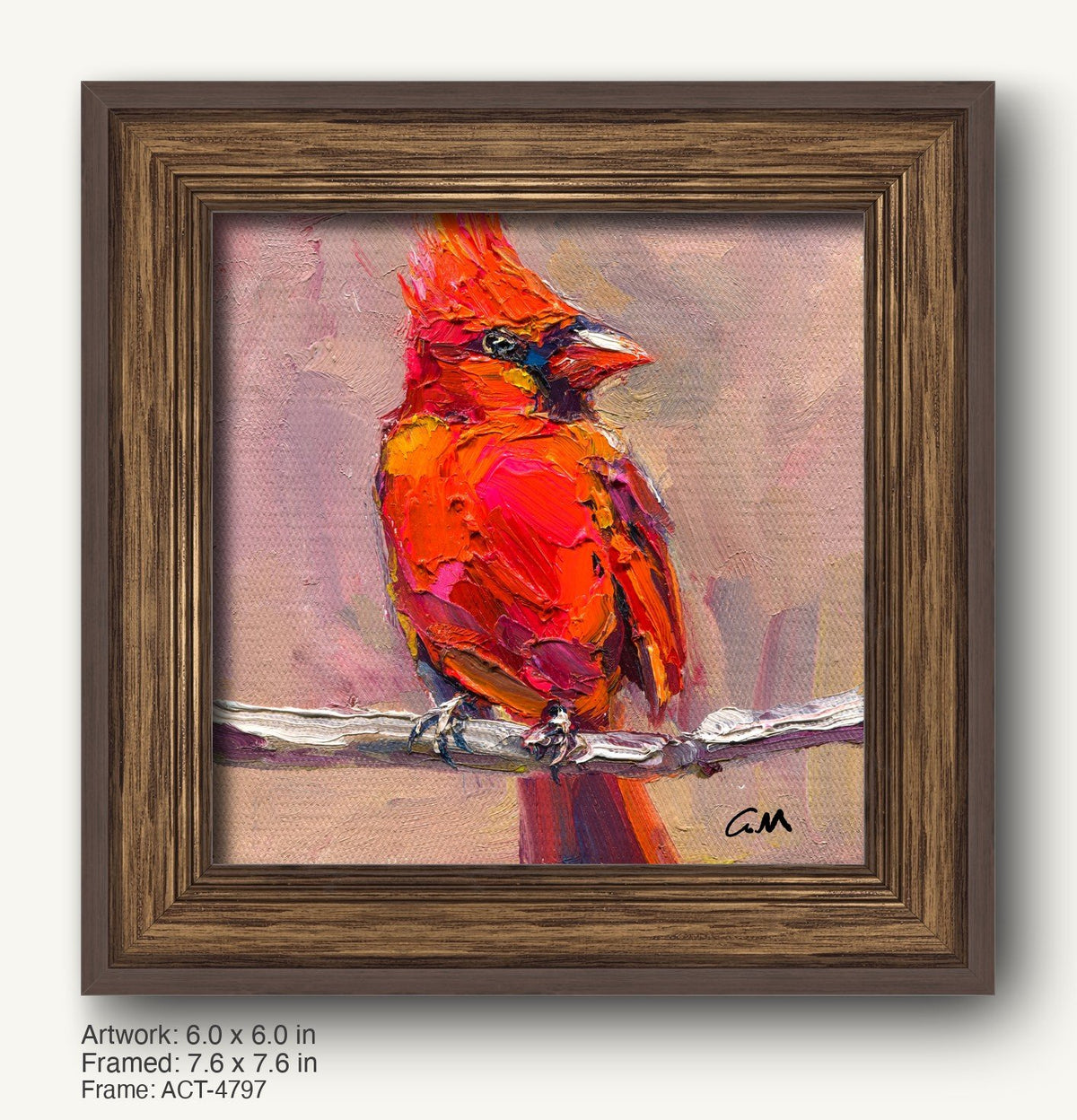 Vibrant oil painting of a cardinal bird in warm reds and oranges, perched on a branch, displayed in a dark wood frame with classic profile and textured finish.