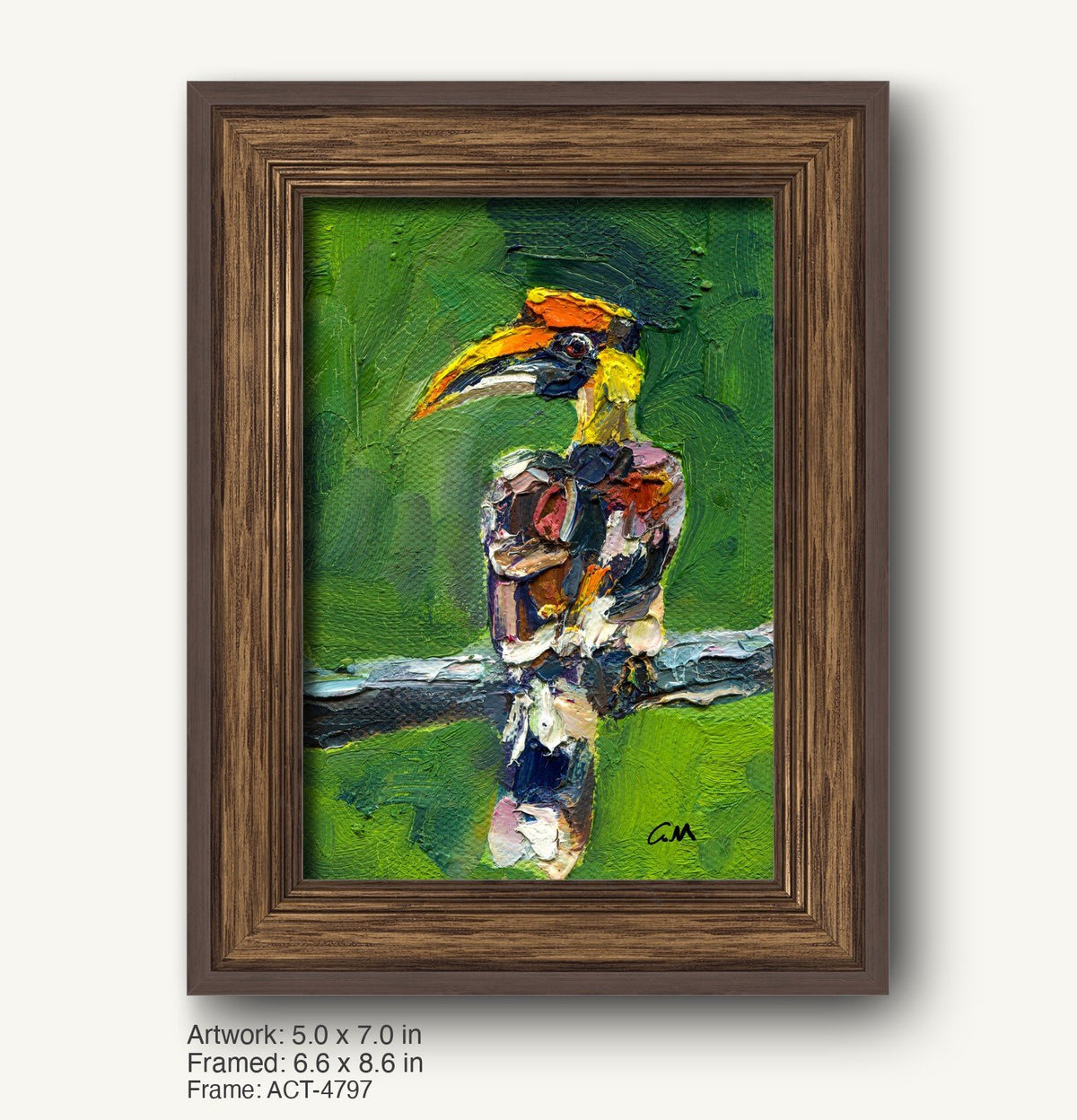 Vibrant oil painting of a toucan perched on a branch, set in a dark wood frame with classic profile, showcasing textured jungle bird art in green, orange, and black tones.