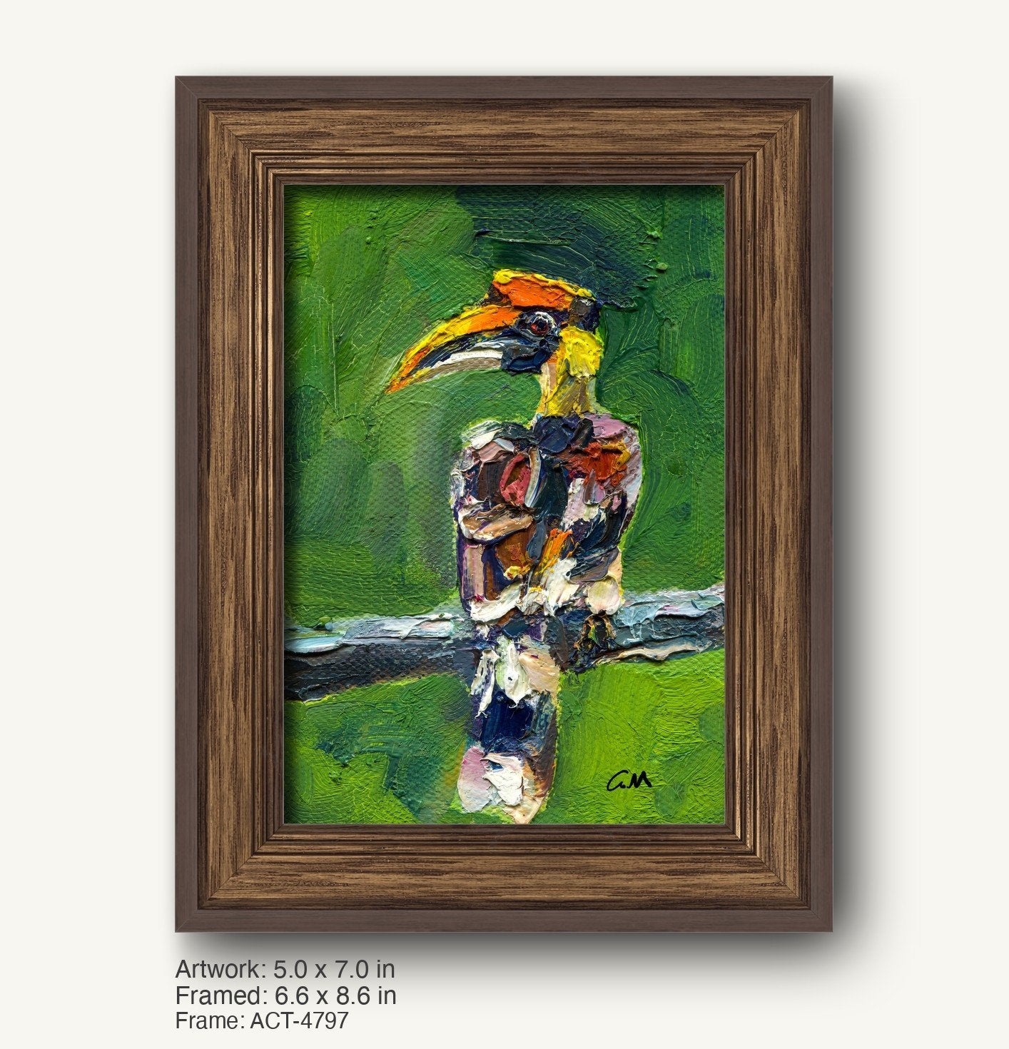 Vibrant oil painting of a toucan perched on a branch, set in a dark wood frame with classic profile, showcasing textured jungle bird art in green, orange, and black tones.