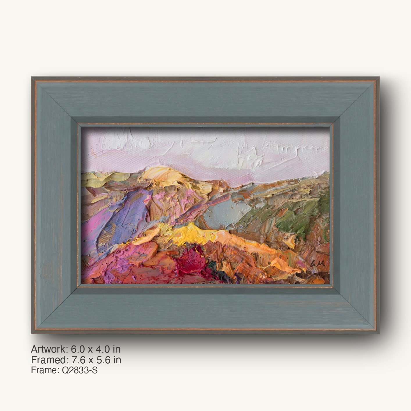 Abstract mountain landscape oil painting in a dark teal wooden frame with modern slim profile, showcasing vibrant red, yellow, purple, and green textures on canvas