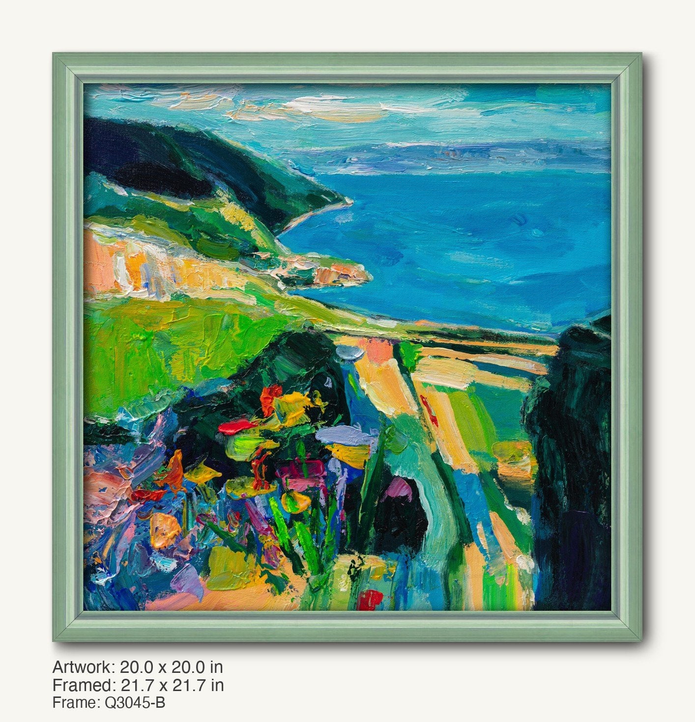 Impasto coastal landscape painting in a light green frame, featuring vibrant blues, greens, and yellows with textured brushwork and a scenic view of hills and sea