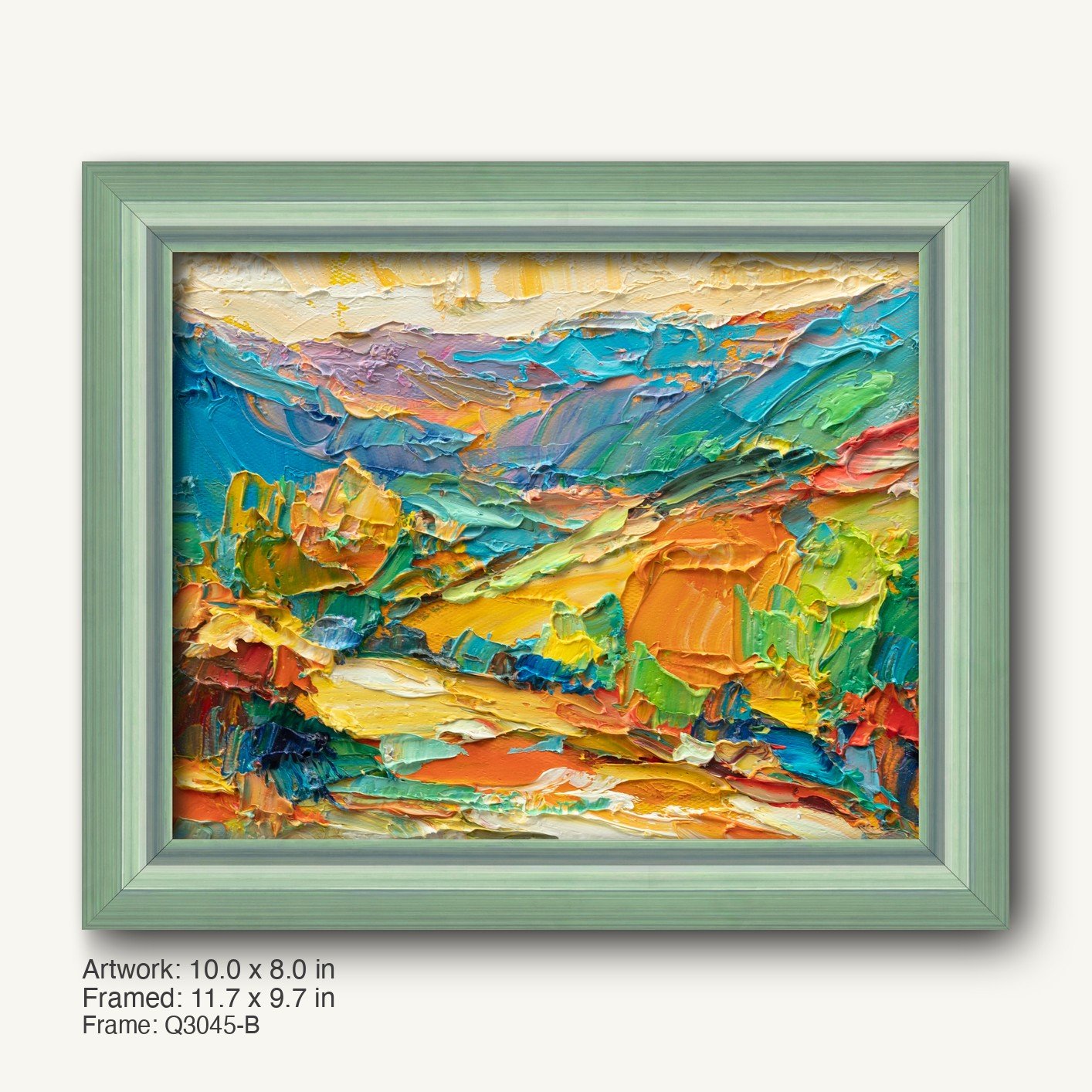 Hand-painted abstract landscape in a light green wooden frame, featuring bold textured brushstrokes in blue, green, orange, yellow, and red, displayed horizontally.