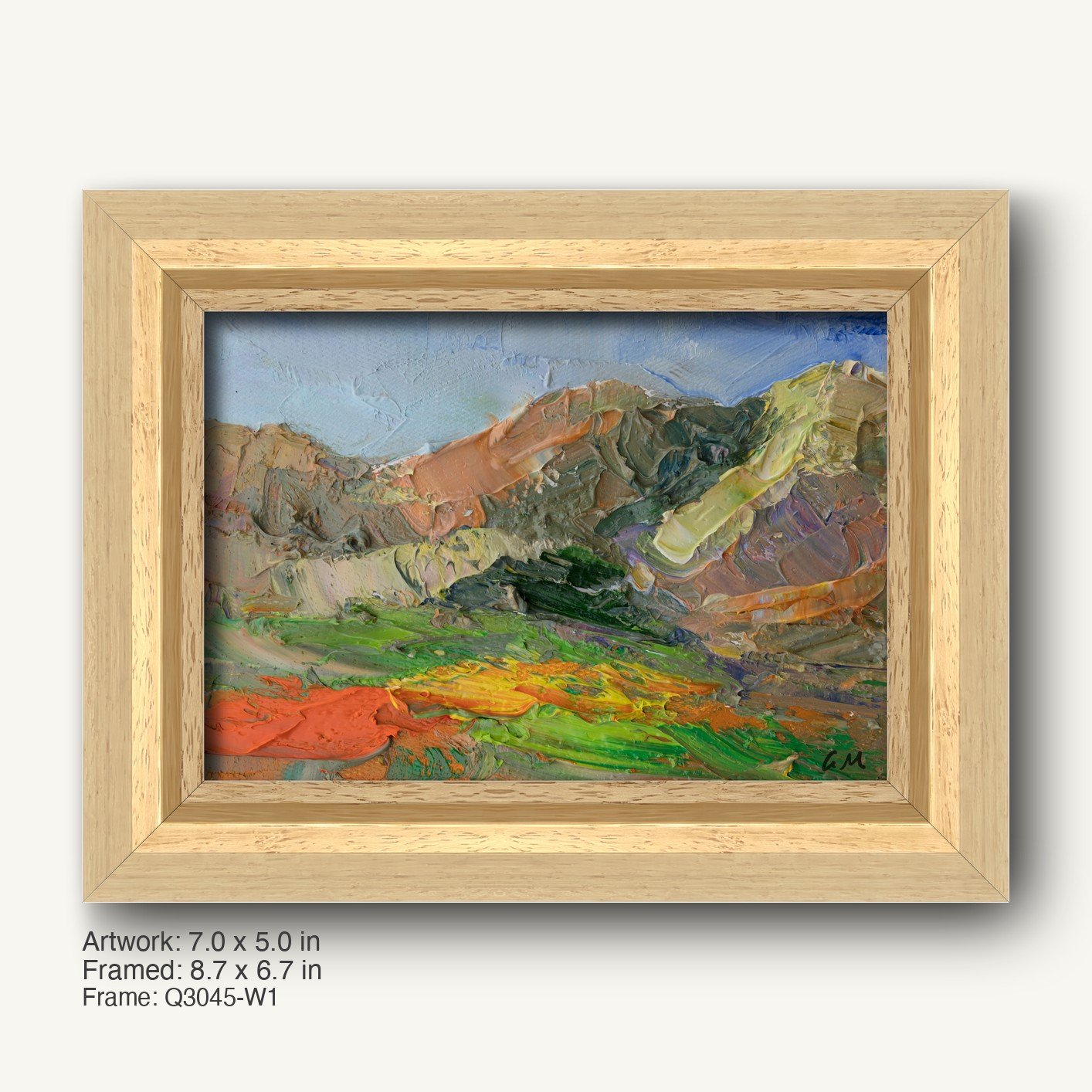Vibrant desert canyon landscape painting in a light wood frame, horizontal composition with textured oil brushwork and warm earth tones