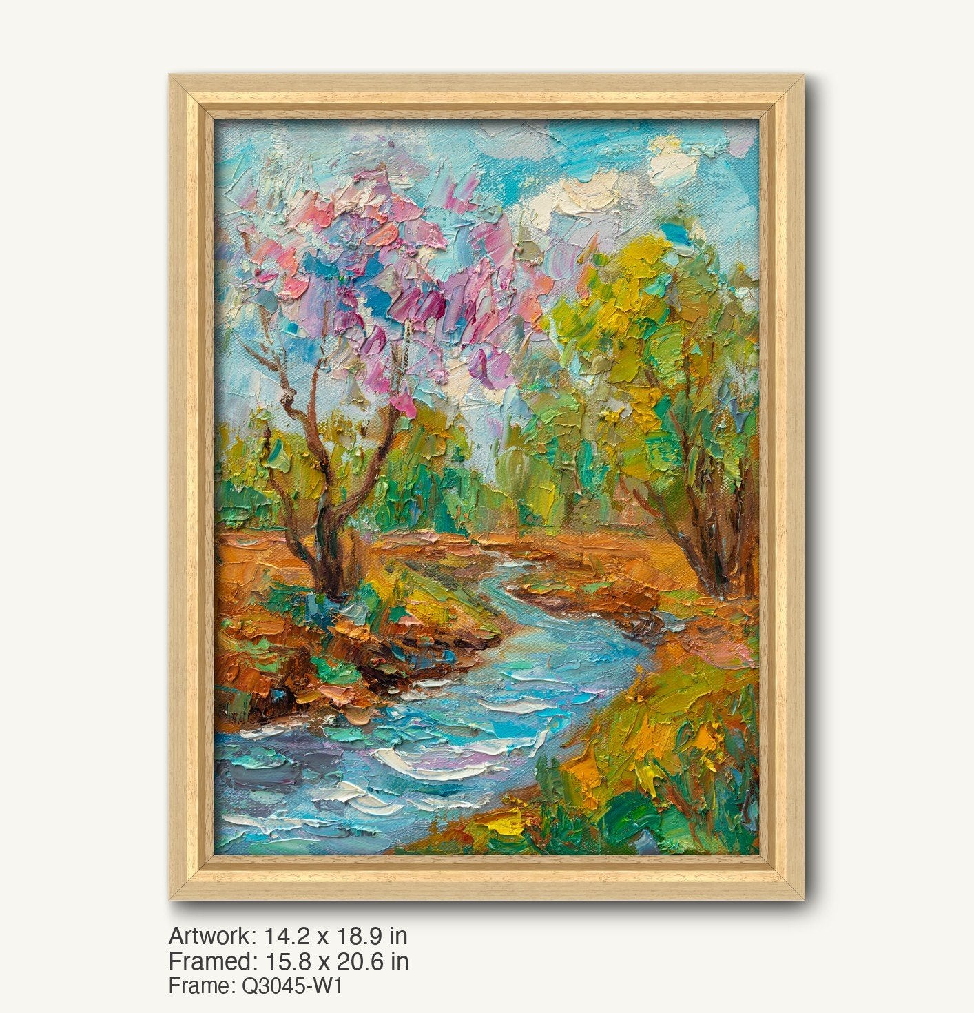Vertical oil painting of a spring stream with blooming trees in soft pinks and greens, framed in a warm gold classic profile frame with subtle texture