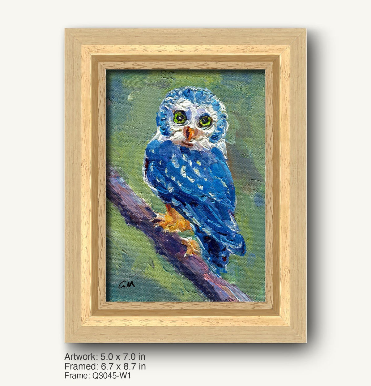 Textured blue owl portrait in a light wood frame, perched on a branch with green eyes and white speckles, set against a soft green background