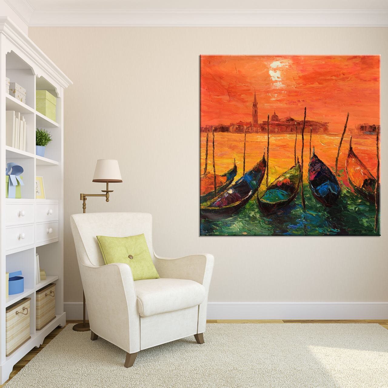 Original Art Italian Venice Grand Canal Gondola Sunset | Large Wall Art - 36x36 Ready to Hang