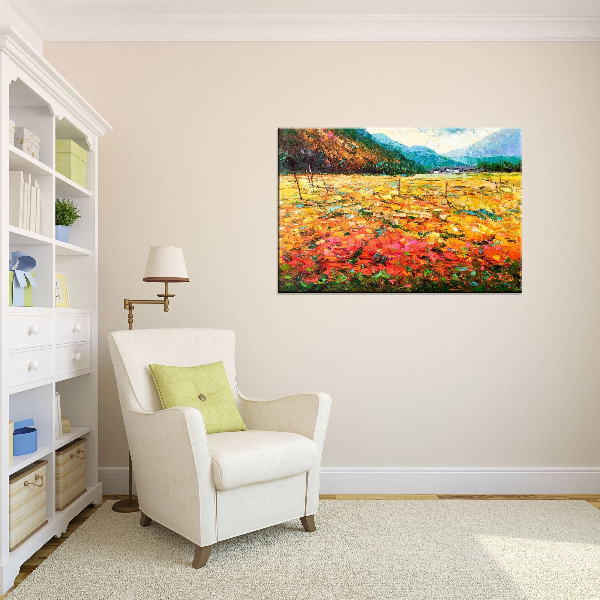 Large Oil Painting Landscape Spring Fields by the Mountain, Large Canvas Wall Art, Original Oil Painting, Original Landscape Painting Yellow - GeorgeMillerArt