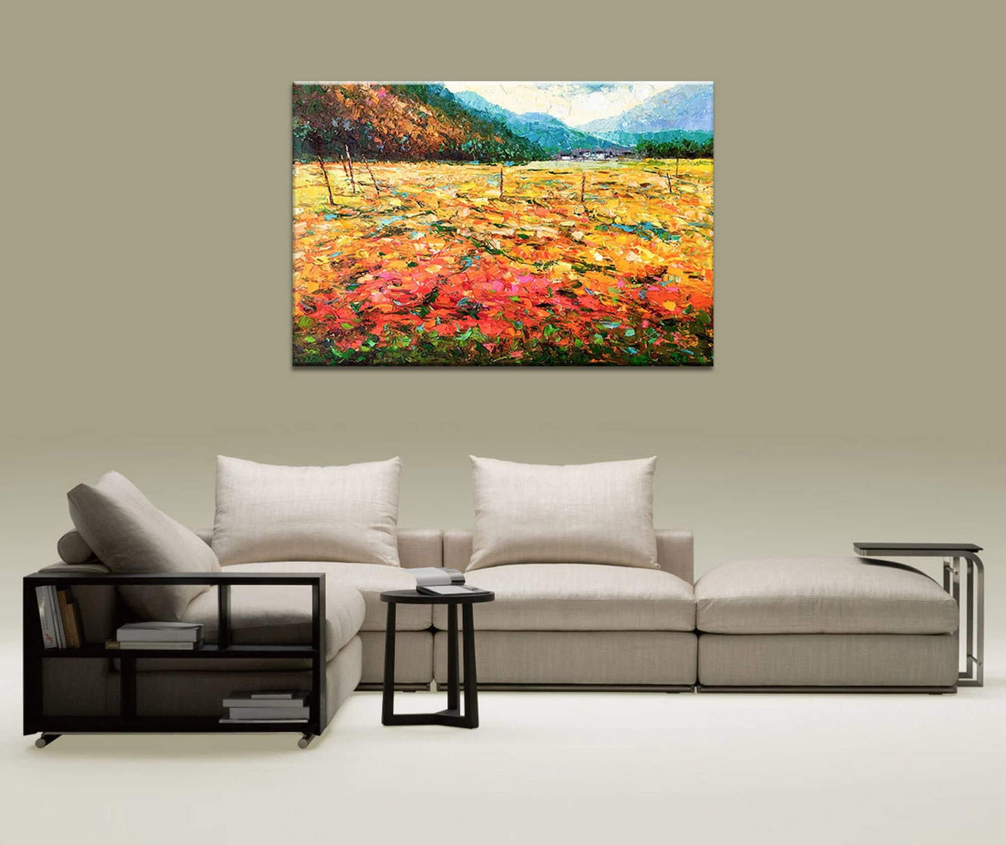 Large Oil Painting Landscape Spring Fields by the Mountain, Large Canvas Wall Art, Original Oil Painting, Original Landscape Painting Yellow - GeorgeMillerArt