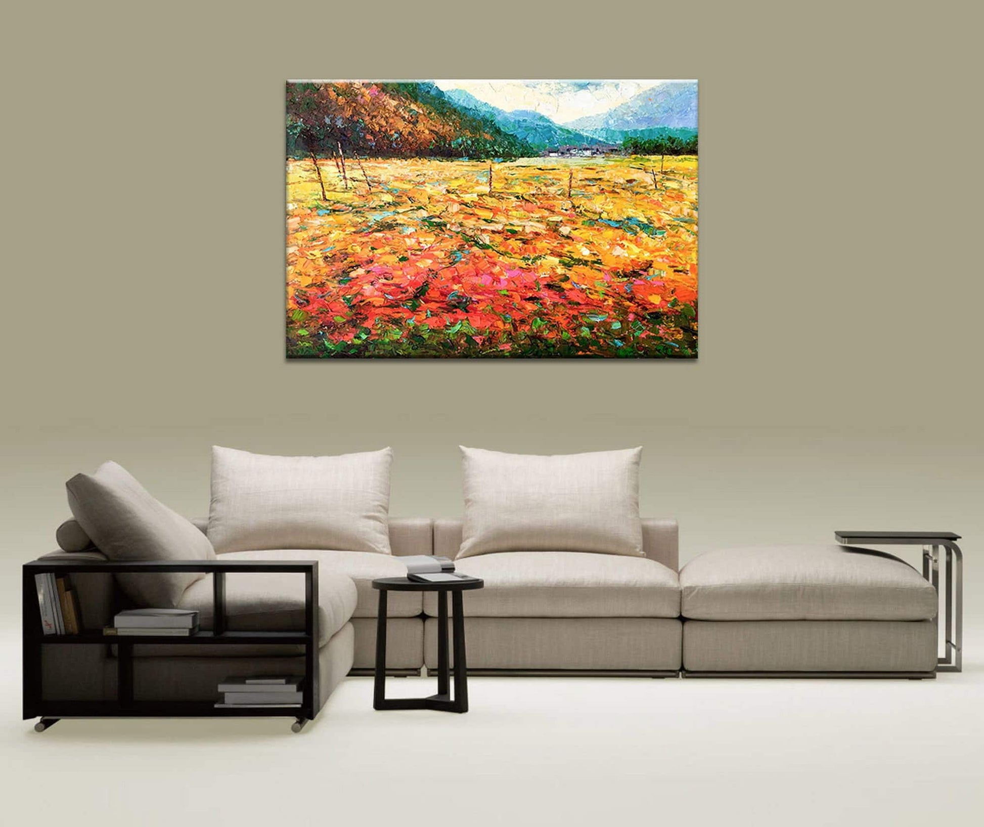 Large Oil Painting Landscape Spring Fields by the Mountain, Large Canvas Wall Art, Original Oil Painting, Original Landscape Painting Yellow - GeorgeMillerArt