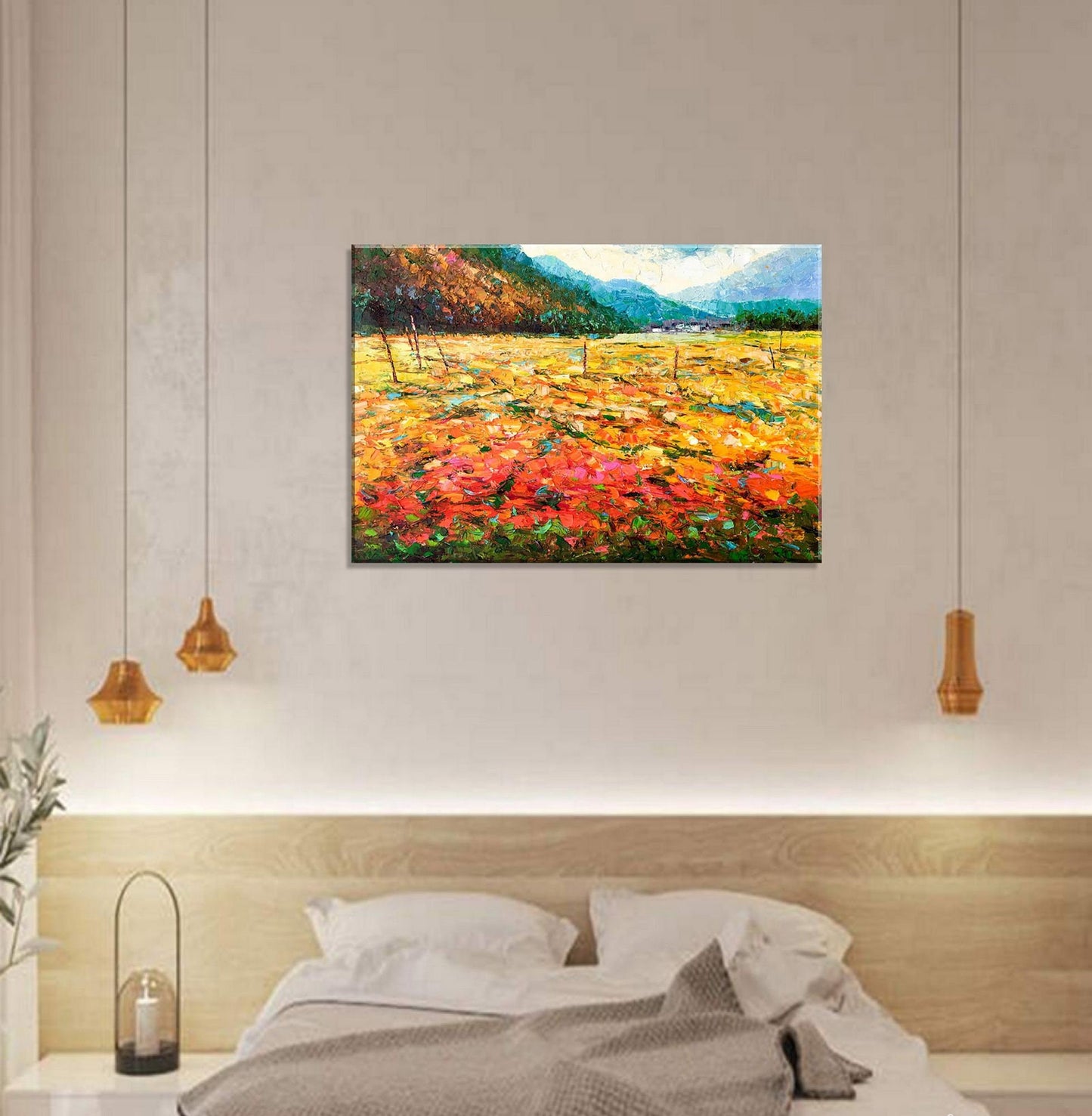 Large Oil Painting Landscape Spring Fields by the Mountain, Large Canvas Wall Art, Original Oil Painting, Original Landscape Painting Yellow - GeorgeMillerArt