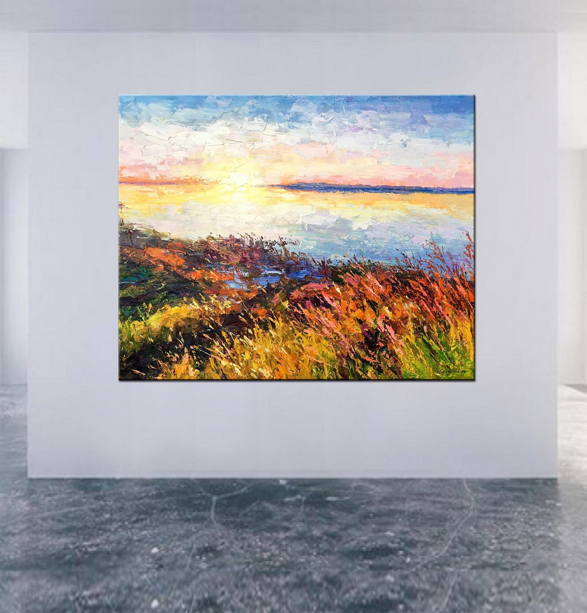 Experience the beauty of a Sunrise by the Lake- Large oil palette knife painting for your home decor