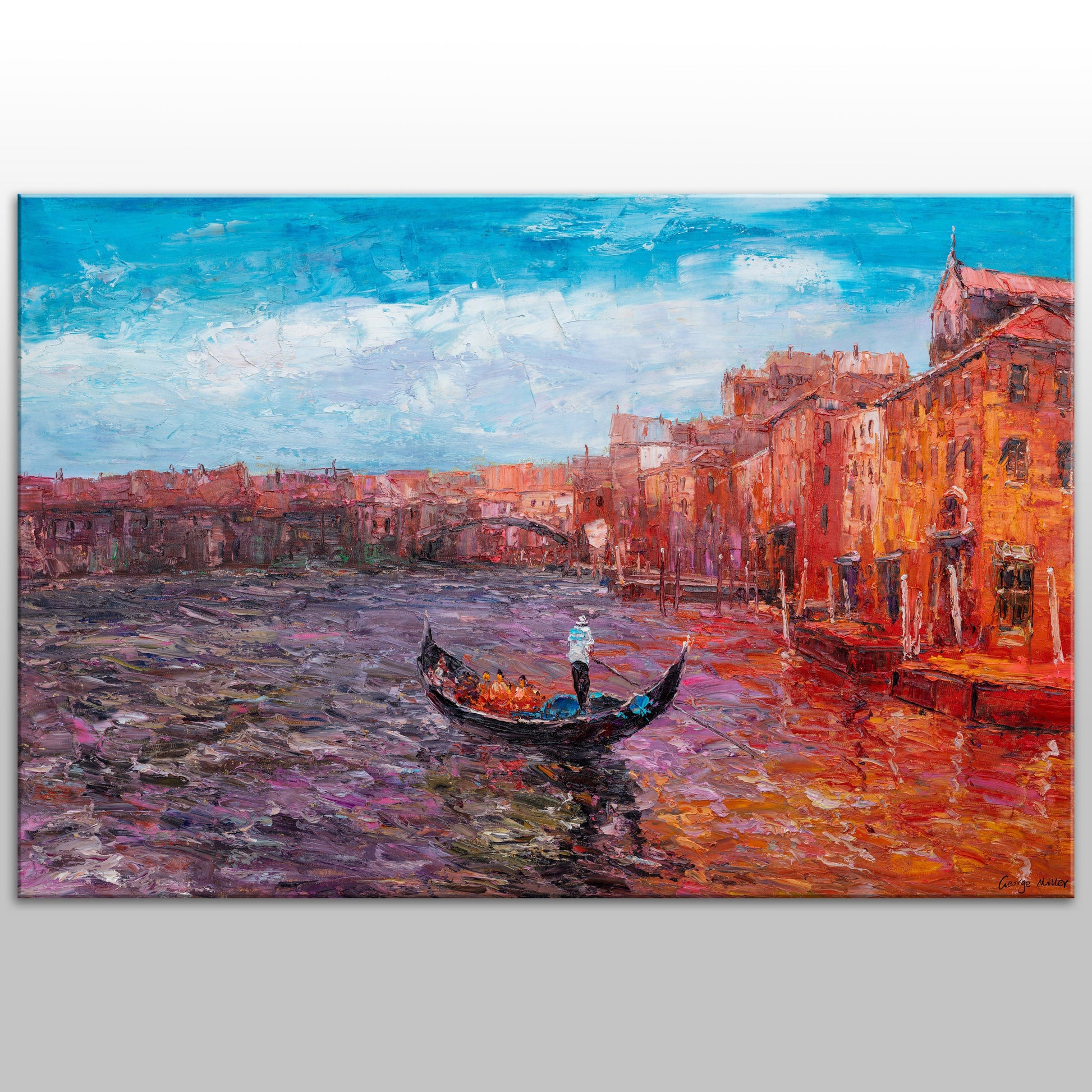 Original oil painting &quot;Venetian Reflections&quot; by George Miller. This artwork captures a stunning Venetian scene with vivid colors and expressive brushstrokes, showcasing a gondola peacefully sailing along the canal.