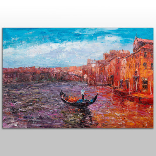 Original oil painting &quot;Venetian Reflections&quot; by George Miller. This artwork captures a stunning Venetian scene with vivid colors and expressive brushstrokes, showcasing a gondola peacefully sailing along the canal.