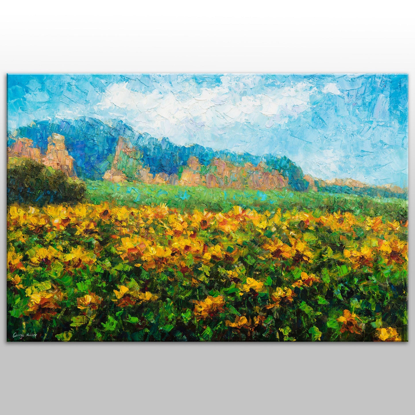Original oil painting &quot;Sunflowers Beneath the Cliffs&quot; by George Miller. This vibrant artwork captures a breathtaking sunflower field against a stunning cliffside backdrop, showcasing rich textures and vivid colors. A perfect statement piece!