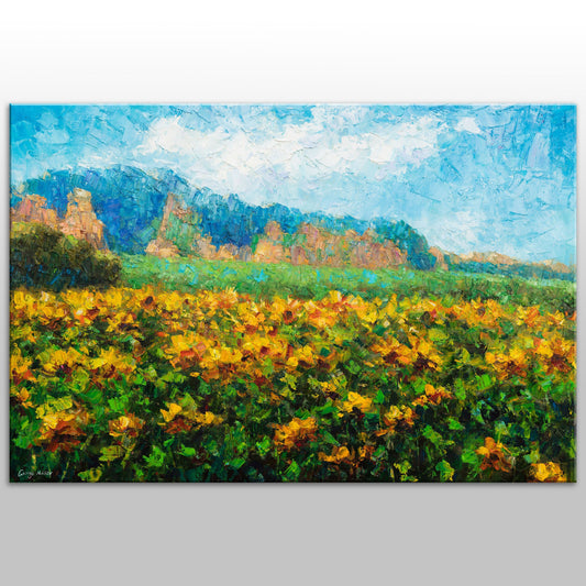 Original oil painting &quot;Sunflowers Beneath the Cliffs&quot; by George Miller. This vibrant artwork captures a breathtaking sunflower field against a stunning cliffside backdrop, showcasing rich textures and vivid colors. A perfect statement piece!