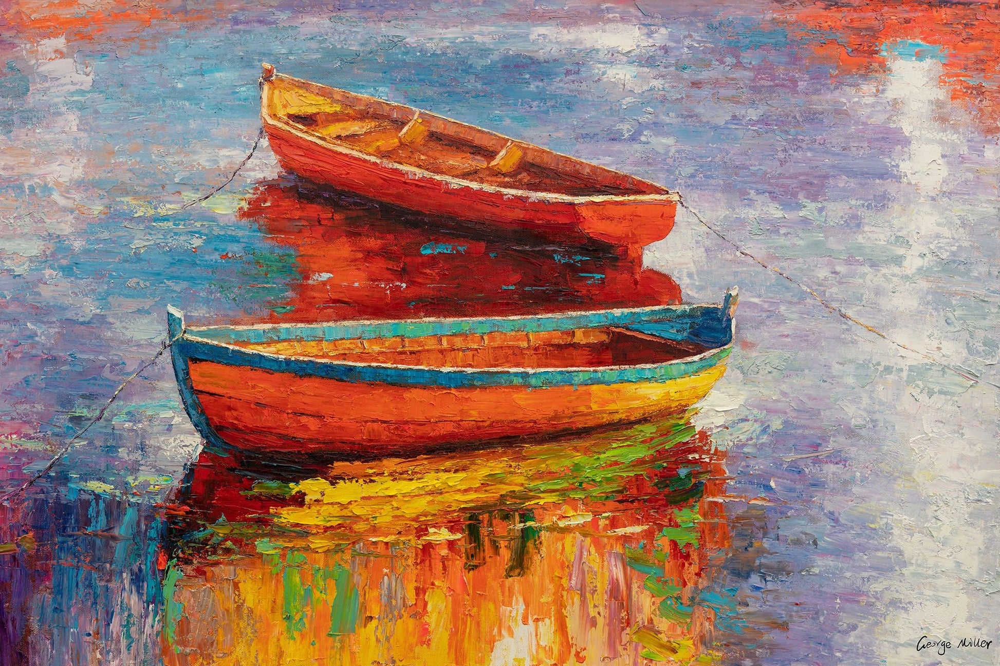 George Miller&#39;s &quot;Tranquil Harbor&quot; is a modern impressionist landscape featuring colorful boats. The original textured oil painting showcases a palette knife symphony of vibrant hues, creating a captivating and dynamic scene.