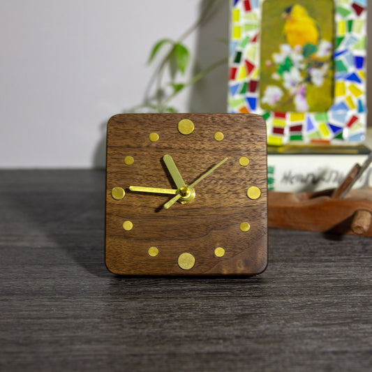 Handcrafted Black Walnut Desktop Clock - Unique Artisan Masterpiece - Perfect for Modern Home Decor - Brass Accents & Magnetic Back - Gift