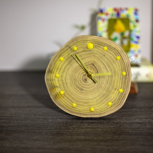 Unique Handcrafted Wooden Clock: Artisan Design with Locust Wood Rings, Yellow Ceramic Beads, and Magnetic Backing - Perfect Gift Home Decor