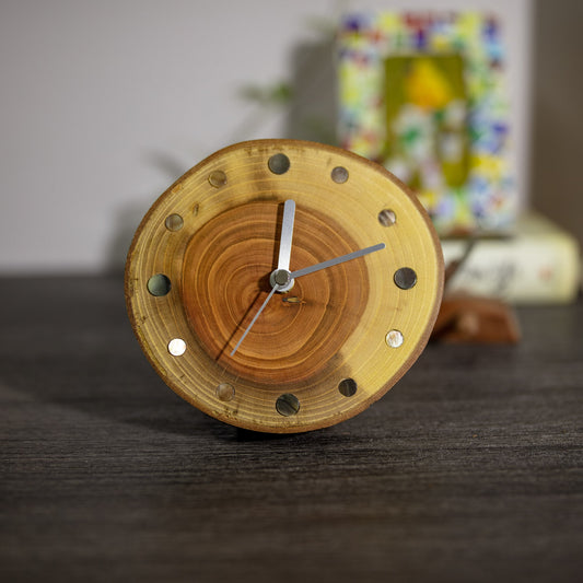 Handcrafted Zelkova Serrata Tabletop Clock with Iridescent Seashell Hour Markers - Unique Home Decor Accent - Perfect Gift Option