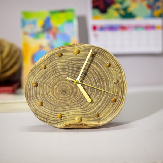 Unique Handcrafted Desktop Clock: Artisan-designed, Locust Wood Dial, Jupiter Stone Beads, Eco-Friendly, Silent Operation, Gift Ready