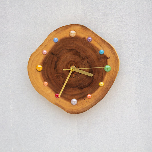 Handcrafted Acacia Wood Wall Clock - Unique Artisan Design with Colorful Ceramic Beads - Eco-Friendly Home Decor - Modern Rustic Wall Clock