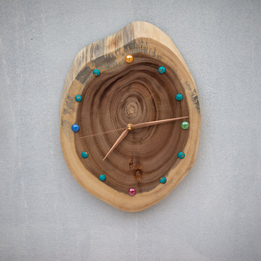 Unique Handmade Wall Clock - Artisan Crafted with Walnut Wood & Turquoise Beads - Eco-friendly Design - Perfect Gift Options - One-of-a-Kind