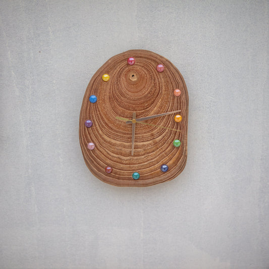 Handcrafted White Wax Wood Wall Clock: Artisan Design, Colorful Ceramic Beads, Eco-Friendly - Artisan-Made Unique Wall Clock - Gift-Ready