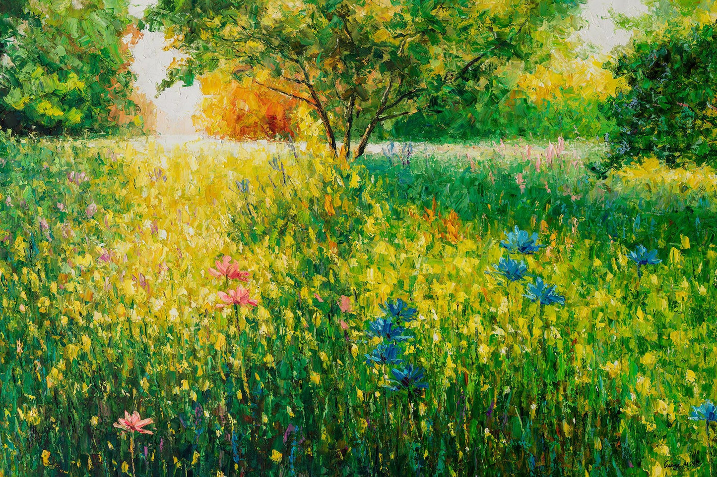 Original Landscape Oil Painting, &quot;Emerald Meadow&quot;, Large Textured Impasto Art: A painting of a field of wildflowers in shades of yellow, green, blue, and pink. The flowers are in the foreground, with a tree in the background.