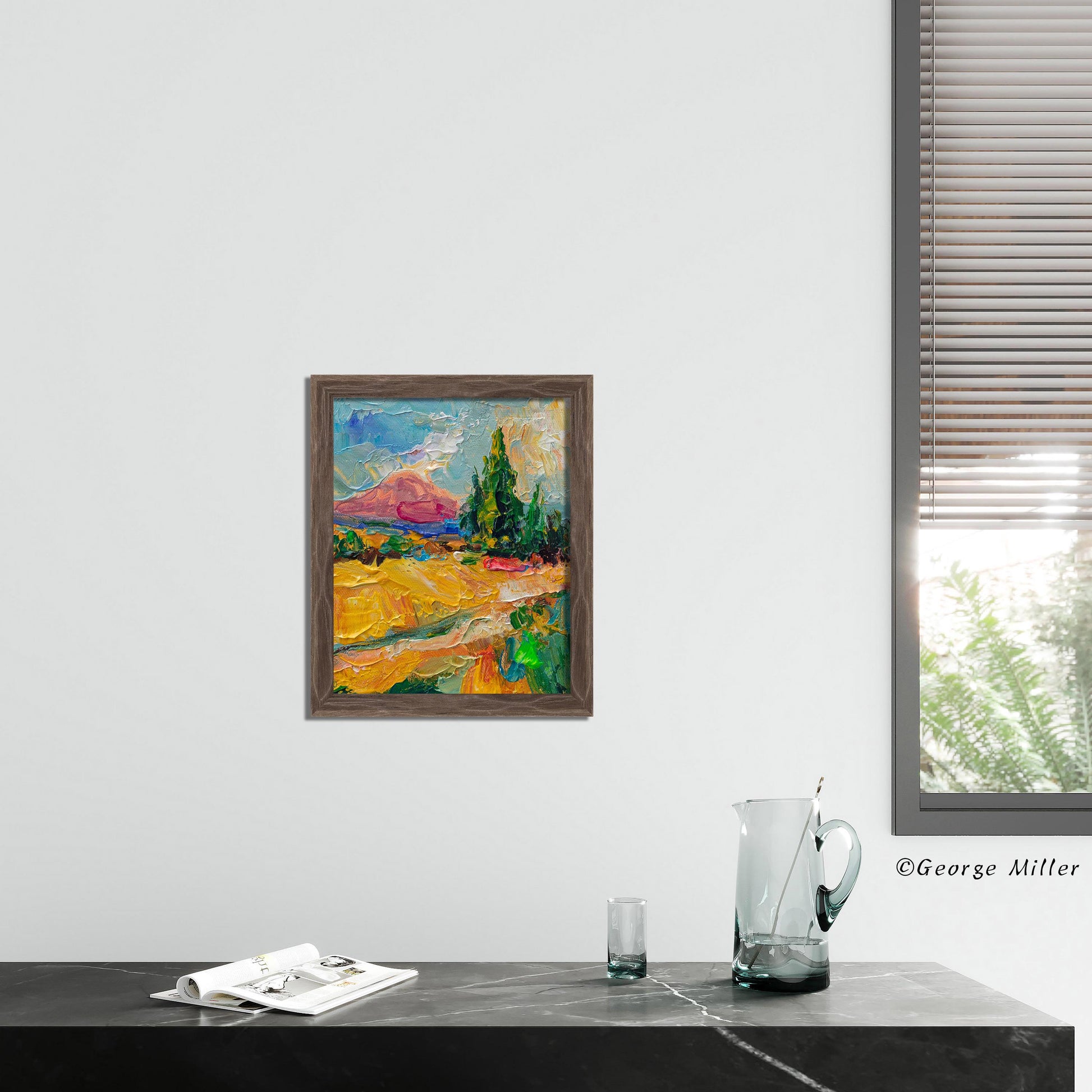 Golden Hour Majesty - Textured Landscape Painting, Sunset Scene, Evergreen Trees, Palette Knife Art, Original - GeorgeMillerArt
