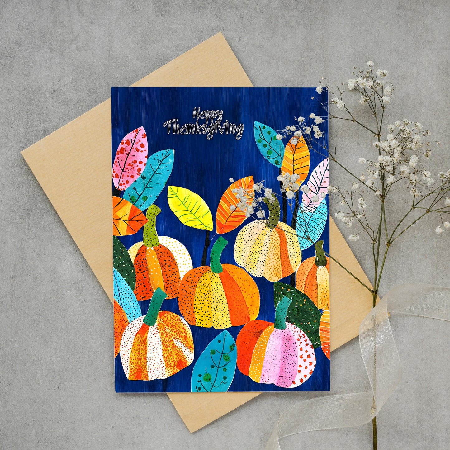 Modern Thanksgiving Digital Card - Colorful Pumpkins and Leaves - Instant Download Art