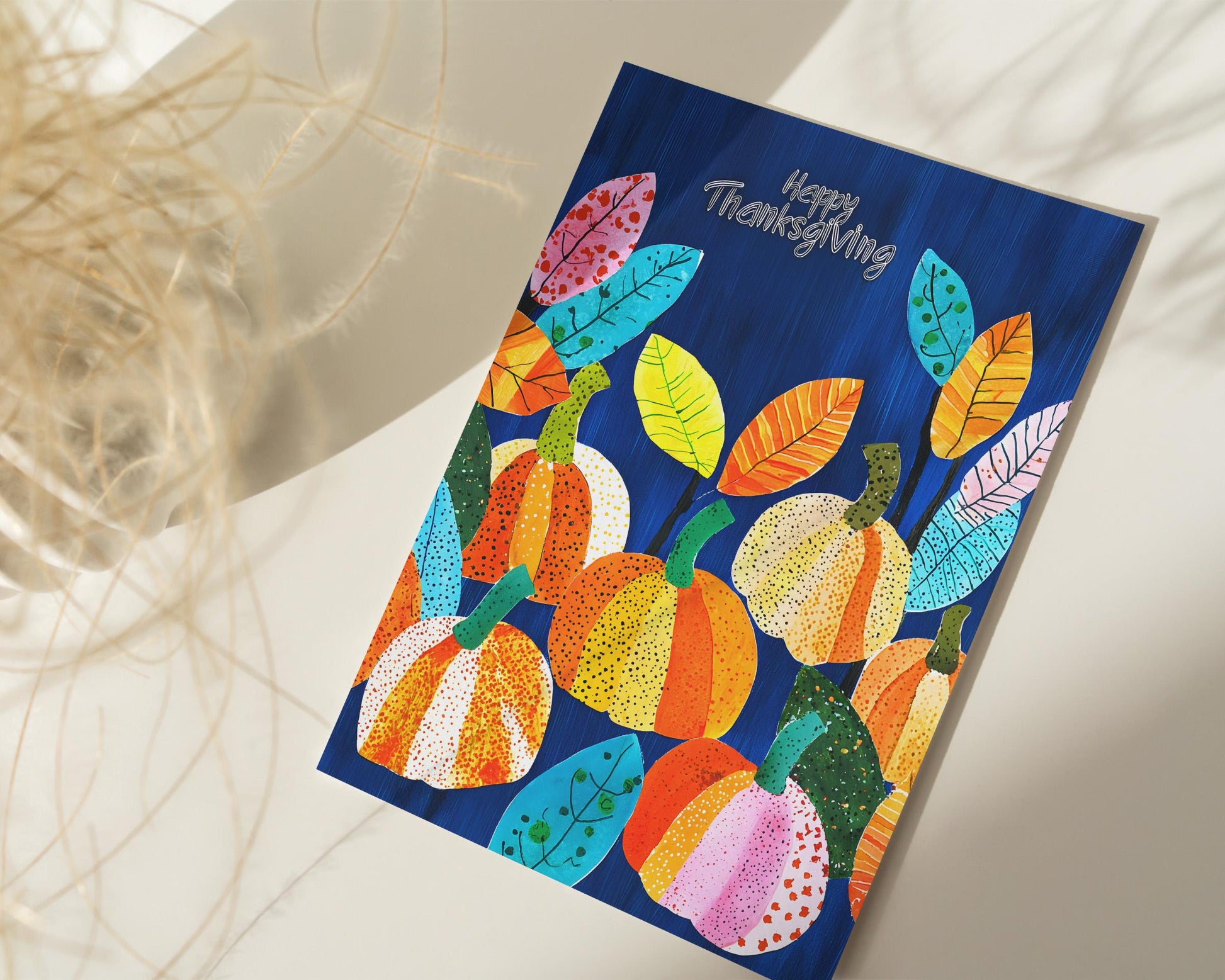 Modern Thanksgiving Digital Card - Colorful Pumpkins and Leaves - Instant Download Art