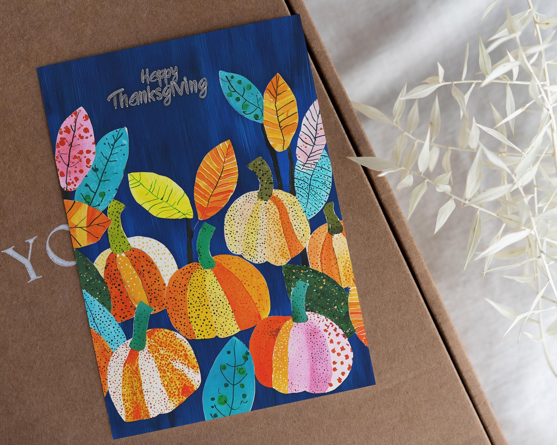 Modern Thanksgiving Digital Card - Colorful Pumpkins and Leaves - Instant Download Art