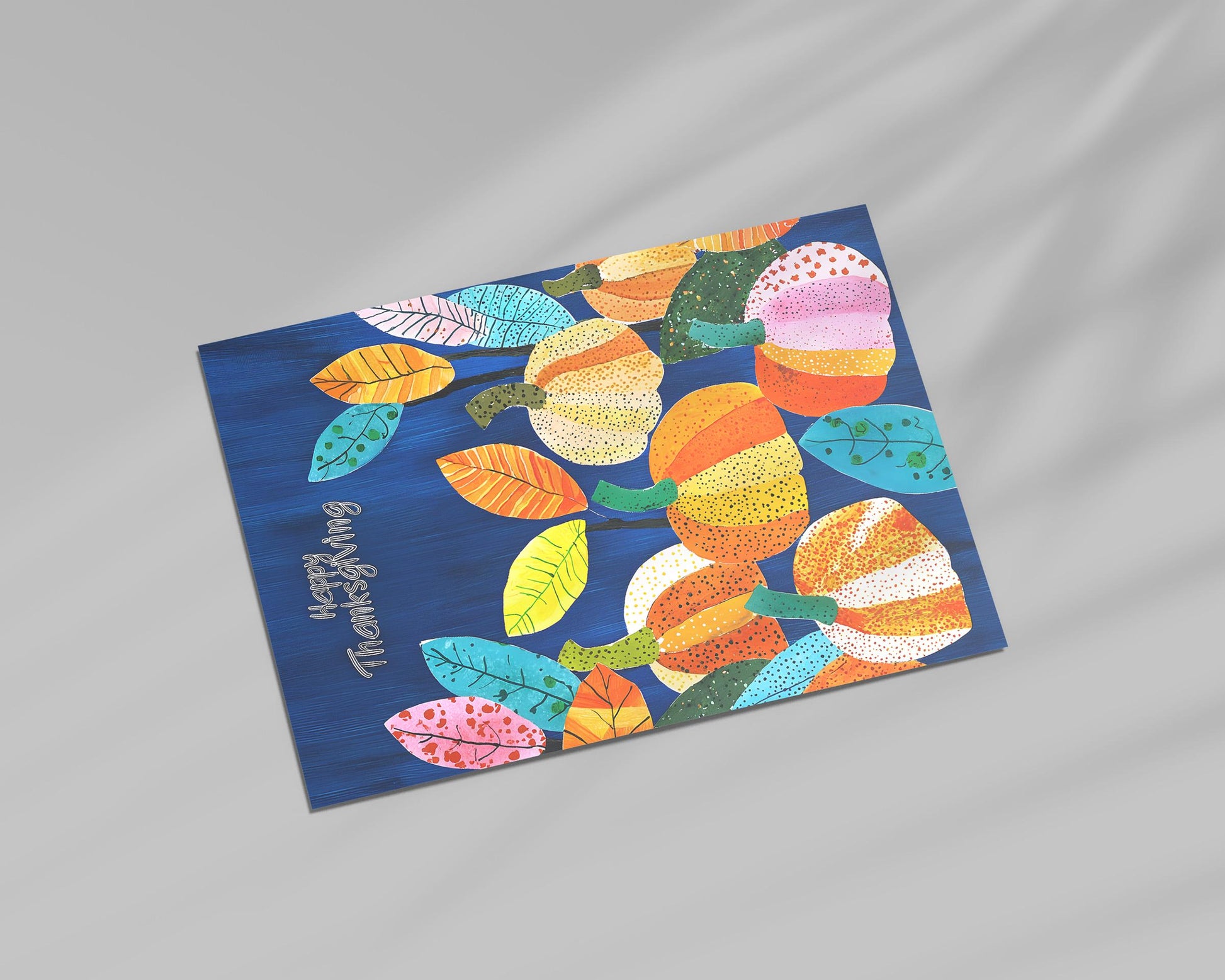 Modern Thanksgiving Digital Card - Colorful Pumpkins and Leaves - Instant Download Art