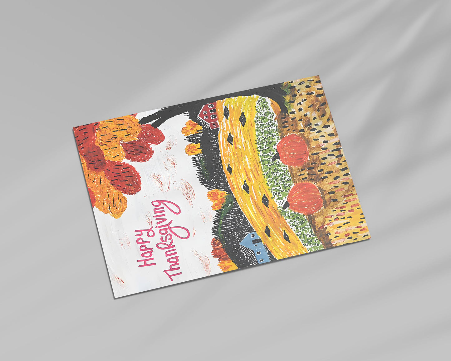 Thanksgiving Digital Card - Folk Art Autumn Landscape - Instant Download