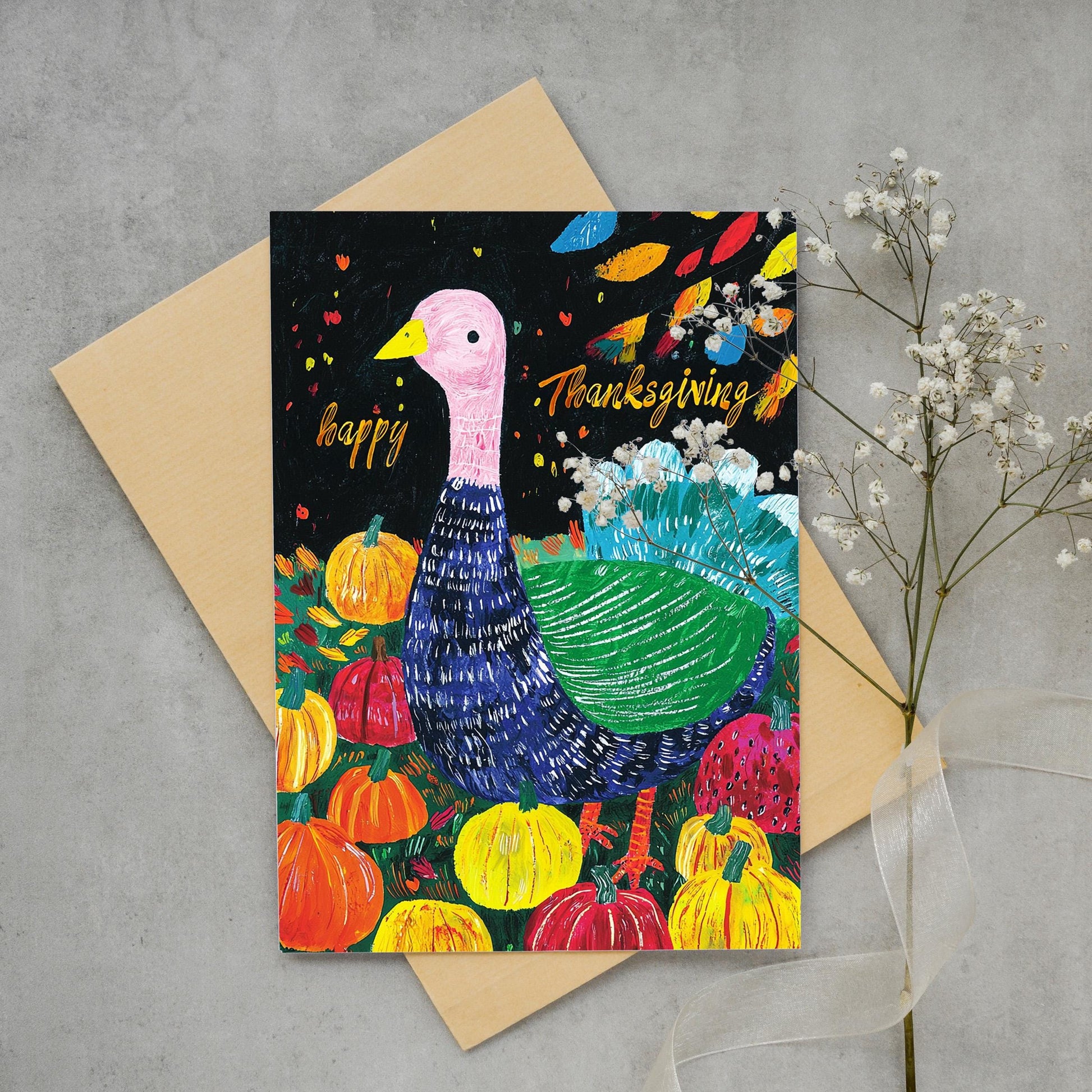 Artistic Fall Turkey Card - Printable Thanksgiving Download - Colorful Pumpkin & Turkey Digital Card - Unique Thanksgiving