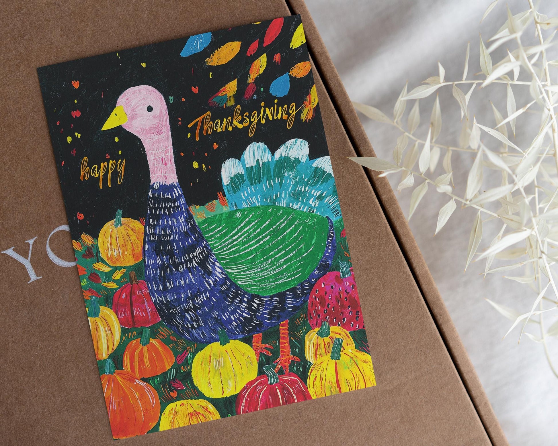 Artistic Fall Turkey Card - Printable Thanksgiving Download - Colorful Pumpkin & Turkey Digital Card - Unique Thanksgiving